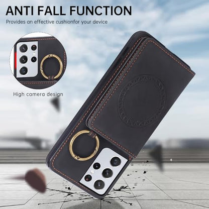 Compatible with Samsung Galaxy S21 Ultra 5G Wallet Case and Screen Protector Crossbody Shoulder Strap Ring Buckle Stand Card Holder Phone Cover for S21ultra 21S S 21 21ultra G5 Women Men Black (Black / for S21 Ultra)