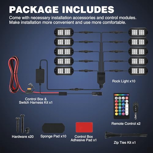 RGB LED Rock Lights Kit 10 PCS 18LED Wide Angle Wheel Well Light (10 Pods / RGB 18LED)