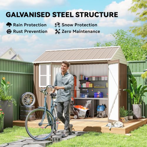 8' x 6' Outdoor Storage Shed Metal Garden Shed Window Brown (8' x 6' / Brown)