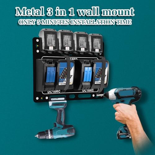 Wall Mount for Makita Battery Holder and DC18RC DC18RD Chargers (Black)