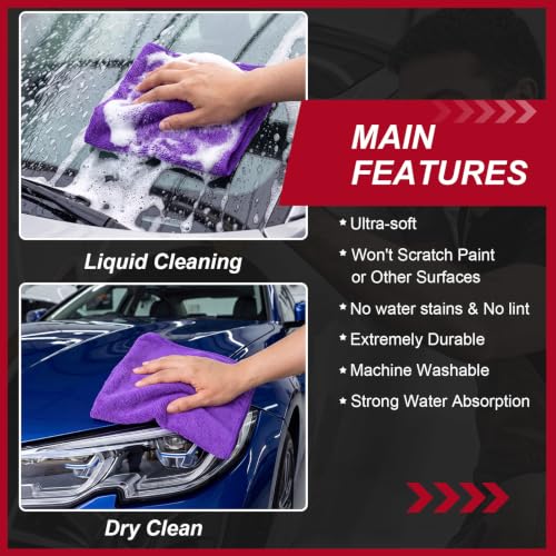 200 Pcs Microfiber Cleaning Cloth 16x16 Inch Microfiber Towels for Car Ultra Absorbent Cleaning Rags Reusable Lint Free Streak Free Detailing Towel for Car Washing Drying Dusting (Purple)