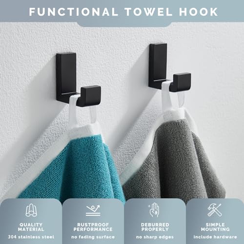 Towel Hooks for Bathrooms (2 Pack / Matte Black)