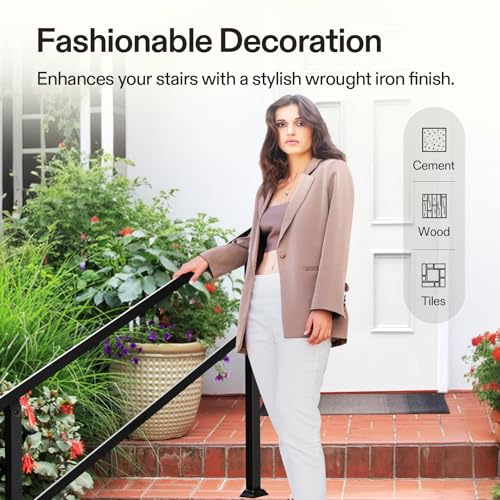 4 Step Stair Handrail 54"x36" Wrought Iron Porch Railing Black (Black / 4 Steps)