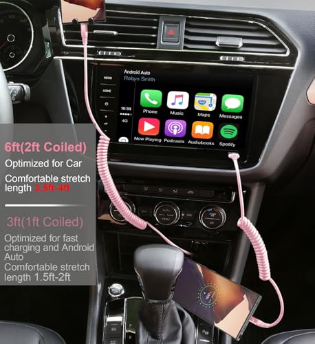 Coiled USB A to USB C Cable for Car [2 (6FT / Pink)