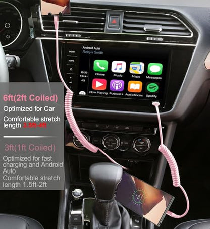 Coiled USB A to USB C Cable for Car [2 (6FT / Pink)