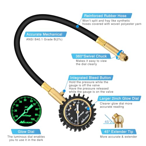 100PSI Tire Pressure Gauge Glow Dial 14" Extended Hose (Night Glow Tire Gauge)