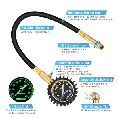 100PSI Tire Pressure Gauge Glow Dial 14" Extended Hose (Night Glow Tire Gauge)