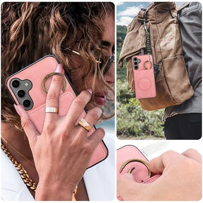 Compatible with Samsung Galaxy S26 Plus S26+ 5G Wallet Case and Screen Protector Crossbody Shoulder Strap Ring Buckle Stand Card Holder Magnetic Car Mount Phone Cover for S26Plus 26S + S 26 26+ Pink (Rose Gold / for S26 Plus)