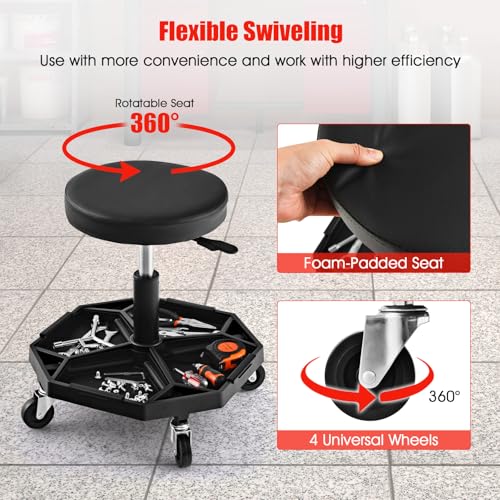 Rolling Mechanic Stool with Removable Tool Tray & Padded Cushion (Bottom Tool Tray / Black)