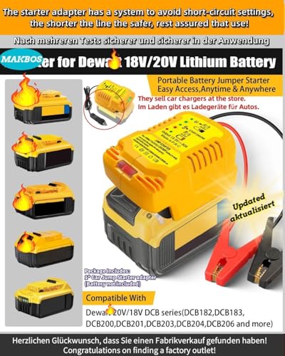 Jumper Starter Adapter for DeWalt 20V 60V Battery Car Jump Cables