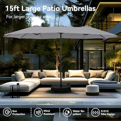 15ft Large Outdoor Patio Umbrella with Base Included (Light Gray)