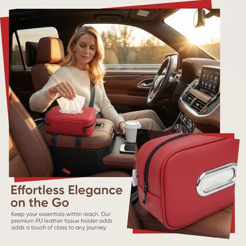 Car Tissue Holder with 2 Storage Nets (Wine Red)