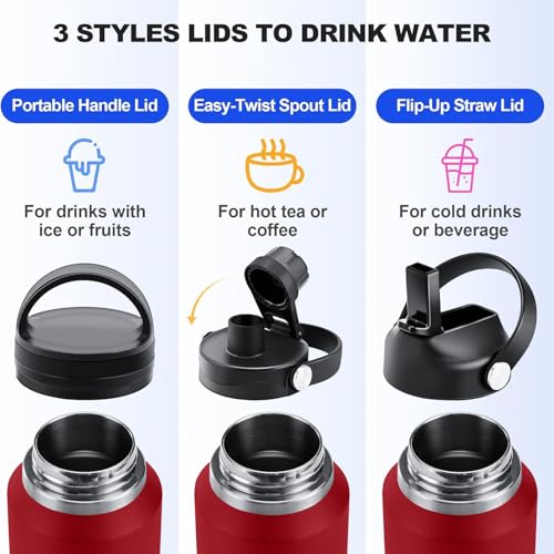 40oz Water Bottle Wide Mouth Stainless Steel Vacuum Insulated Double Wall with 2 Straw Lids Fit in Any Car Cup Holder (Carbon Red / 40 Ounces)