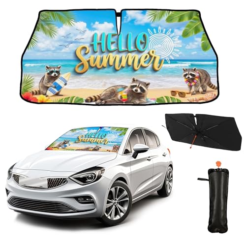 Funny Raccoon Car Windshield Sun Shade Umbrella Hawaiian Raccoon Car Sun Shade Umbrella Block UV Rays Heat Foldable Windshield Umbrella Sun Visor Protector (Racc-1)
