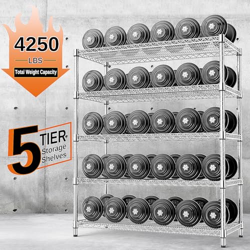 4250 LBS Garage Shelving Wide Storage Shelves 5 Tier Metal Shelves Heavy Duty Adjustable Utility Shelf Rack Chrome 17.7" D x 59.1" W x 70.4" H (5 Tier, 17.7" D x 59.1" W x 70.4" H / Chrome)
