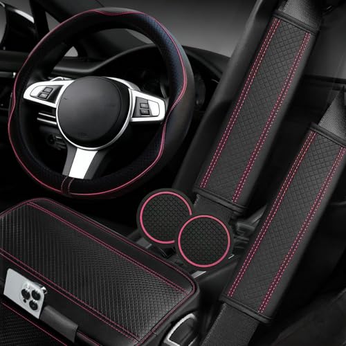 6 PCS Car Steering Wheel Cover Set (Steering Wheel Cover Set / Black with pink)
