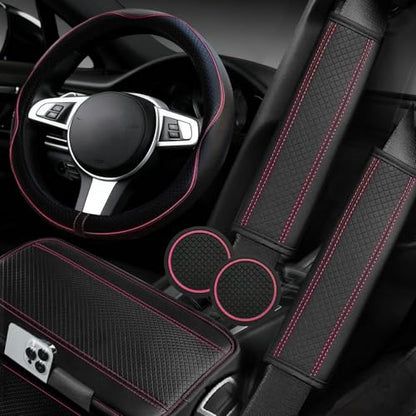 6 PCS Car Steering Wheel Cover Set (Steering Wheel Cover Set / Black with pink)