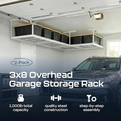MonsterRax 2 Pack 3x8 Overhead Garage Storage Rack (White / 24"-45" (2 Pack))