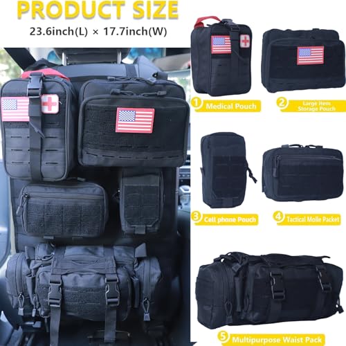 Universal Tactical Seat Back Organizer Vehicle Molle Panel Organizer Storage Bag with 5 Detachable Molle Pouch for All Vehicel Such as Jeep (Upgraded-D-Black)
