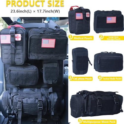 Universal Tactical Seat Back Organizer Vehicle Molle Panel Organizer Storage Bag with 5 Detachable Molle Pouch for All Vehicel Such as Jeep (Upgraded-D-Black)