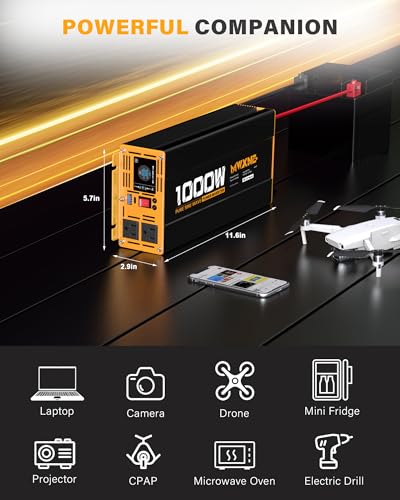 1000W Pure Sine Wave Power Inverter 12V DC to 110V 120V AC Converter with 2 AC Outlets (1000w-12v)