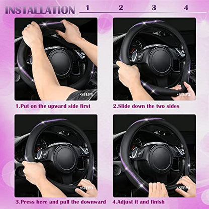 Bling Diamond Black Leather Steering Wheel Cover (Purple Diamond 1PCS)