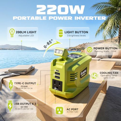 220W Portable Power Inverter Compatible with Ryobi 18V Battery (1-pack / Green)