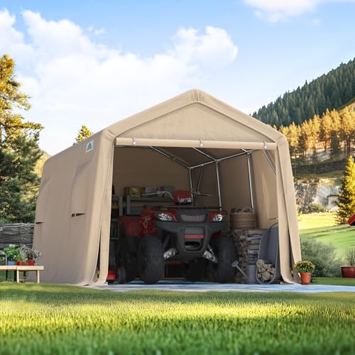 10X15 ft Garage Shelter Steel Metal Peak Roof Portable Storage Shed Carports for Motorcycle Boat (Beige / 10'x15')