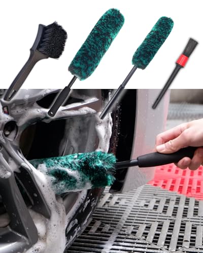 Professional 4 Pack Long Handle Wheel Brush Kit for Cleaning Wheel and Tire (4-Pack / Green/Black)