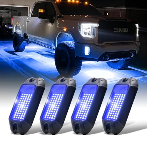 4Pods Pure Blue LED Rock Lights 72w high Power Rock Lights Neon Underglow Light for Car Trucks ATV UTV SUV Boat Underbody Glow Trail Rig Light IP68 Waterproof (Pure blue rock lights - 4 pack)