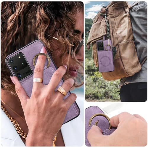 Compatible with Samsung Galaxy S20 Ultra 5G Wallet Case Screen Protector Crossbody Shoulder Strap Ring Buckle Stand Card Holder Magnetic Car Mount Phone Cover for S20ultra 20ultra G5 Women Men Purple (Purple / for S20 Ultra)