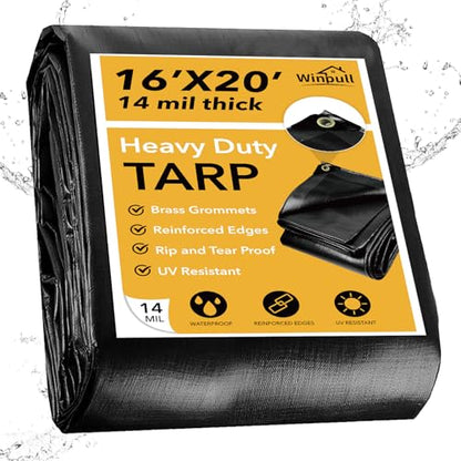 Heavy Duty Tarp 14 Mil Tarp Waterproof Black 16x20 FT (Black-14mil / 16'x20')