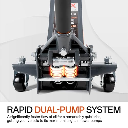3-Ton (6600lbs) Low-Profile Dual Pistons Heavy-Duty Steel Racing Floor Jack with Quick Lift Hydraulic Pump, Foot Pedal and Magentic Pad for Car Maintenance (Orange)