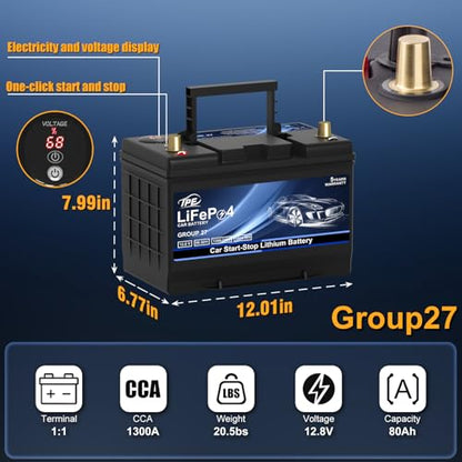 Car Start Stop Lithium Battery BCI GROUP 27 12V 80AH Car Battery with 1300CCA (Group27 Buttons)