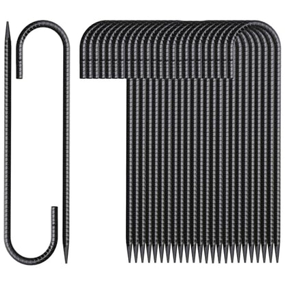 16 Inch Rebar Stakes J Hook 26 Pack Ground Stakes Heavy Duty Tent Stakes with Chisel Point End Chain Link Fence Stakes Galvanized Steel Ground Anchors Metal Spikes Black Coated (J-16"x3/8"-26pcs)