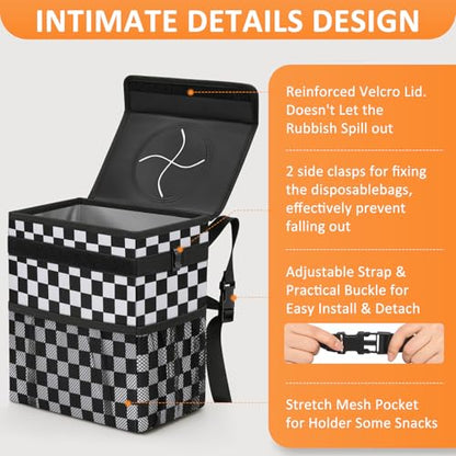 Car Trash Can with Lid Leak Proof Car Accessories for Women (2.2 Gallons / Black White Checkered)