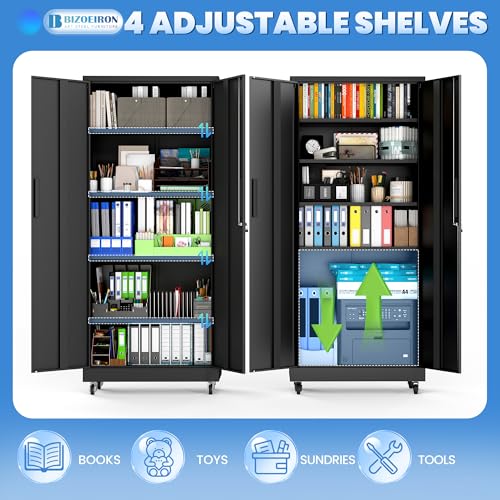 Metal Storage Cabinet for Garage (Black / L - 2 Doors & 5 Shelves (Wheeled))