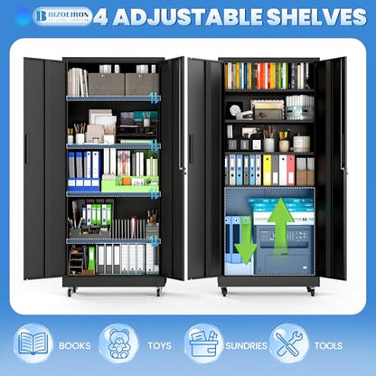 Metal Storage Cabinet for Garage (Black / L - 2 Doors & 5 Shelves (Wheeled))