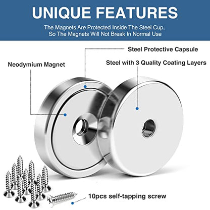 10 Pack Strong Neodymium Cup Magnets 70Lbs+ Holding Force
