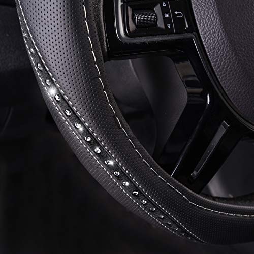 Bling Diamond Black Leather Steering Wheel Cover (Silver Diamond 1PCS)