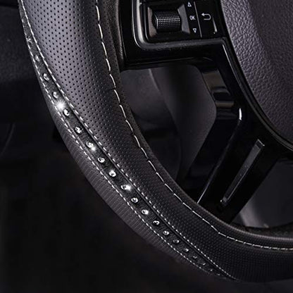 Bling Diamond Black Leather Steering Wheel Cover (Silver Diamond 1PCS)