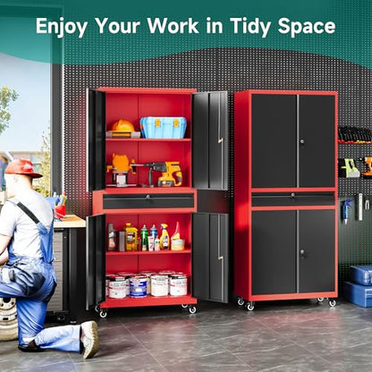 Metal Storage Cabinet with Wheels and Drawer (73"H x 31.5"W x 16"D / Red Black)