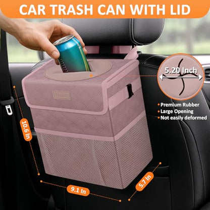 Car Trash Can with Lid Leak Proof Car Accessories for Women (2.2 Gallons / Quilted-Pink)