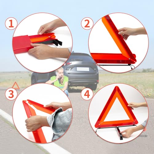 3Pack Car Warning Triangle Heavy Reflective Warning Road Safety Triangle Kit Suitable for car Breakdown and Temporary Parking on the Road (Red-M-3)