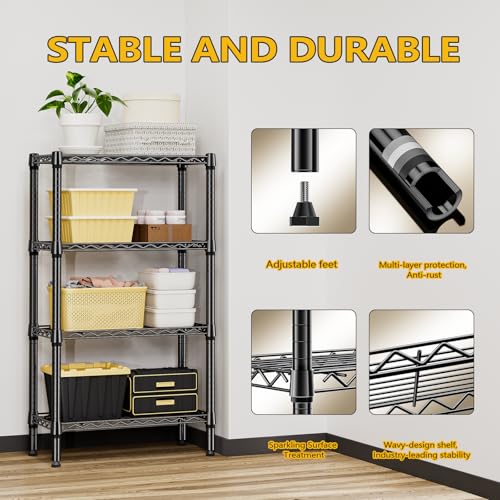 1000 lbs 4 Tier Shelf Metal Storage Shelves Wire Rack Closet Organizers for Garage Kitchen Bathroom Laundry Black 11.8" D x 25.6" W x 45.5" H (4 tier, 11.8" D x 25.6" W x 45.5" H / Black)