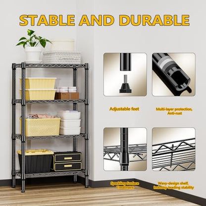1000 lbs 4 Tier Shelf Metal Storage Shelves Wire Rack Closet Organizers for Garage Kitchen Bathroom Laundry Black 11.8" D x 25.6" W x 45.5" H (4 tier, 11.8" D x 25.6" W x 45.5" H / Black)