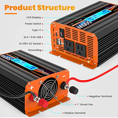 500 Watt Pure Sine Wave Power Inverter 12V DC to 110V 120V Converter for Home (PSW-500W)