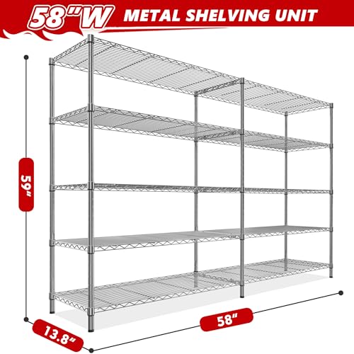 58" W Storage Shelves Wire Shelving 1400LB Metal Shelves for 5 Tier Shelving Unit with Shelf Adjustable Garage Shelving Rack for Pantry Kitchen Garage (Chrome-13.8"D x 58"W x 59"H-5 Tier)