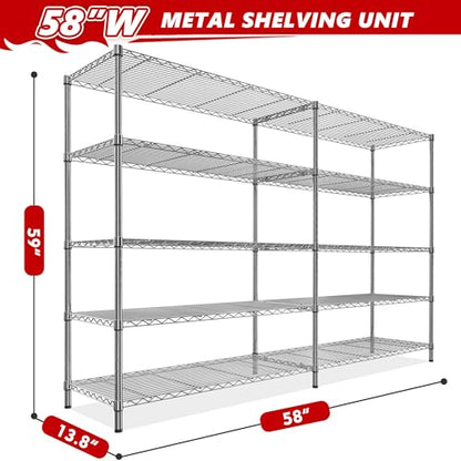58" W Storage Shelves Wire Shelving 1400LB Metal Shelves for 5 Tier Shelving Unit with Shelf Adjustable Garage Shelving Rack for Pantry Kitchen Garage (Chrome-13.8"D x 58"W x 59"H-5 Tier)