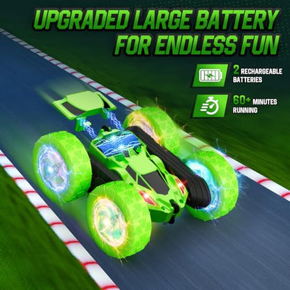 Remote Control Stunt Car for Kids (Green / Glow (Headlights & Wheel Lights))
